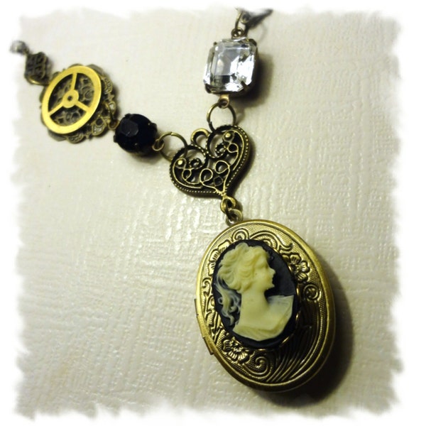 Assemblage Necklace Steampunk Locket Necklace, Cameo Necklace, Bertha Louise Designs