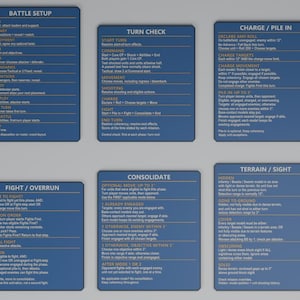 May include: A set of six rectangular blue reference cards featuring white text detailing wargaming rules. The cards are titled Battle Setup, Turn Check, Charge / Pile In, Fight / Overrun, Consolidate, and Terrain / Sight, providing structured gameplay instructions.