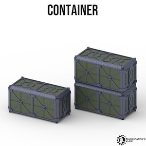 May include: Three rectangular olive green storage containers with dark grey structural framing and rivet details. One container stands alone on the left, while two are stacked vertically on the right. The text CONTAINER appears at the top.