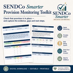 May include: The SENDCo Smarter Provision Monitoring Toolkit is a digital, editable, and printable document set. It features forms for tracking pupil progress, including sections for purpose, rating keys, cognition, learning, and communication.