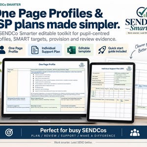 May include: A digital toolkit for educators featuring a laptop and tablet displaying One Page Profiles and Individual Support Plans. The graphic includes the text SENDCo Smarter, One Page Profiles & ISP plans made simpler, and Smaller barriers. Brighter tomorrows.