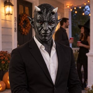 May include: A black devil mask with white-tipped horns and pointed ears, worn with a crisp white button-down shirt and a tailored black blazer. The mask features detailed facial contours, deep-set eyes, and a textured surface finish.