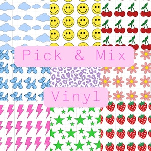 May include: A grid of vinyl sticker patterns featuring light blue clouds, yellow smiley faces, red cherries, blue balloon dogs, purple leopard print, pink flowers, pink lightning bolts, green stars, and red strawberries with the text Pick & Mix Vinyl.