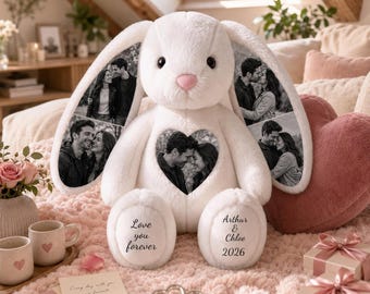 Custom Photo Engraved Bunny Plush, Personalized Anniversary Gift for Couple, Romantic Valentine’s Day Gift for Lover