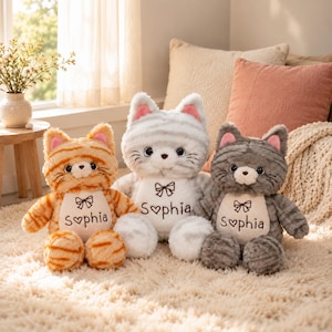 Personlig kattplyschleksak, broderat namngosedjur, tabbykattungeplysch, babyshowerpresent till nyfödd, mjuk gosleksak för barn
