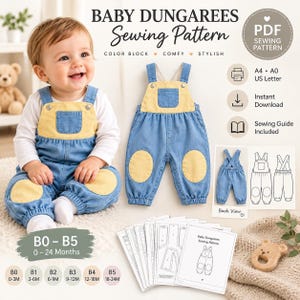 Może przedstawiać: Cyfrowy wykroj krawiecki na ogrodniczki dla niemowląt z napisem BABY DUNGAREES Sewing Pattern. Zestaw zawiera instrukcje dla rozmiarów od B0 do B5, od 0 do 24 miesięcy, z opcjami druku A4, A0 i US Letter.