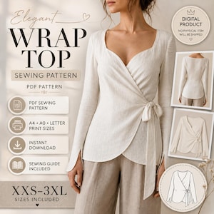 May include: A digital sewing pattern for a long-sleeved wrap top with a sweetheart neckline and side tie closure. The image displays the finished garment in beige, text detailing PDF formats, A4, A0, and Letter print sizes, and sizes XXS-3XL.