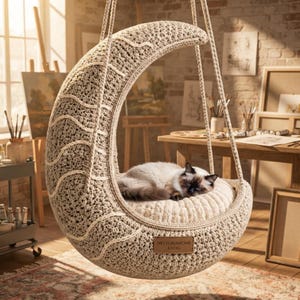 Peut inclure: Un lit suspendu pour animal en forme de croissant de lune en laine crochetée beige avec un coussin touffeté doux à l'intérieur. Un chat duveteux aux extrémités sombres dort en boule sur le coussin. Une étiquette brune indique NESTORIAHOME LIVING.