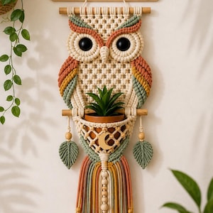 May include: A macrame owl wall hanging featuring cream, sage green, and terracotta cord. It includes a wooden sign labeled LoopHavenStudio's, large black eyes, a central terracotta pot holder with a green plant, and a gold crescent moon charm.
