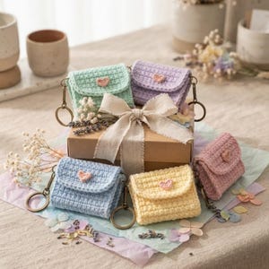 Könnte beinhalten: Eine Sammlung von fünf kleinen, quadratischen Häkeltaschen in den Pastellfarben Mint, Lavendel, Hellblau, Gelb und Rosa. Jede Tasche hat eine kleine herzförmige Verzierung auf der Klappe und einen bronzefarbenen Metallschlüsselring an der Seite.