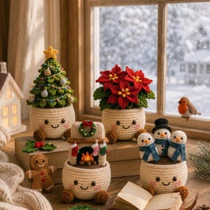 May include: A collection of crocheted Christmas decorations including a green tree with a yellow star, a red poinsettia, a fireplace with stockings, and three snowmen, all in cream-colored pots with smiling faces and brown feet.