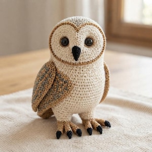 May include: A crocheted barn owl figurine featuring a cream-colored chest and face with a brown border. The wings are textured with grey and brown yarn. It has large black plastic eyes, a small black beak, and brown feet with black-tipped claws.