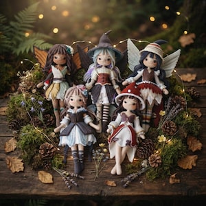 May include: Five handcrafted crochet dolls featuring intricate outfits, including pointed hats, layered skirts, and wings. Each doll displays unique hair colors, detailed facial features, and varied clothing styles in earthy tones, arranged together.