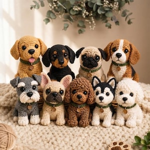 May include: A collection of nine small, handmade crochet dog figurines in various breeds and colors. Each plush toy features a green collar with a small circular tag, black plastic eyes, and detailed yarn textures, arranged in two rows on a textured surface.