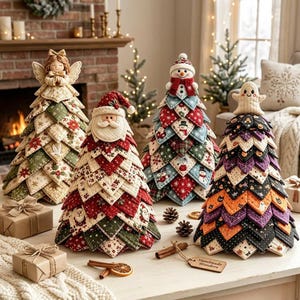 Könnte beinhalten: Vier Weihnachtsbaumdekorationen aus Stoff mit gesteppten, geschichteten dreieckigen Stoffstücken. Eine mit Engel-Spitze, eine mit Weihnachtsmann, eine mit Schneemann und eine mit Geist. Jedes Bäumchen zeigt festliche Muster in Rot, Grün und Orange.