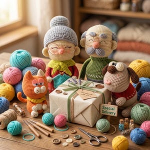 Peut inclure: Figurines crochetées d'un couple âgé, d'un chat orange et d'un chien entourant un cadeau emballé avec un ruban vert, une étiquette Handmade with love et un panneau Special Delivery, avec des pelotes de laine et des outils.
