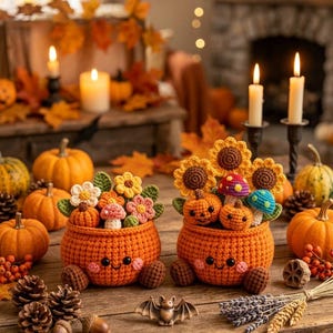 May include: Two orange crocheted pumpkin-shaped baskets with smiling faces, each filled with crocheted flowers, mushrooms, and small pumpkins. The baskets feature brown feet and are surrounded by pinecones, acorns, and small orange pumpkins.