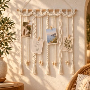 May include: A cream-colored macrame wall hanging suspended from a wooden dowel, featuring intricate knotted patterns, hanging cords with wooden beads, and tassels. Four rectangular photographs are attached to the cords with small wooden clips.