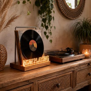 May include: A wooden vinyl record display stand featuring a metal frame and an illuminated acrylic sign that reads NOW PLAYING in capital letters. The stand holds a black vinyl record with a central label, positioned next to a record player.