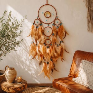 Peut inclure: Un attrape-rêves mural composé d'un grand cercle central avec un motif d'arbre de vie, entouré de cercles plus petits, de perles turquoise et de nombreuses longues plumes brun clair suspendues en bas dans une disposition en couches.