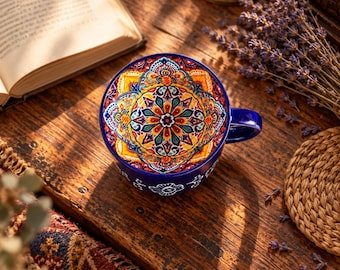 Puede incluir: Una taza de cerámica con exterior azul profundo y arte lineal floral blanco, con un interior vibrante decorado con un patrón de mandala multicolor en tonos naranja, amarillo, turquesa y rojo, junto con un asa azul a juego.
