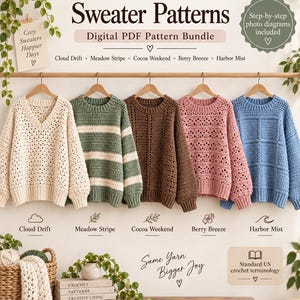 Puede incluir: Un paquete de patrones digitales en PDF para 5 suéteres de ganchillo de gran tamaño titulado 5 Oversized Crochet Sweater Patterns. Los suéteres se muestran en perchas en crema, rayas verdes y blancas, marrón, rosa y azul, con los nombres Cloud Drift, Meadow Stripe, Cocoa Weekend, Berry Breeze y Harbor Mist.
