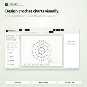 Pode incluir: Uma interface de software para o StitchScript, um criador de diagramas de crochê offline. A tela exibe uma grade com um padrão circular de símbolos, uma barra lateral de seleção e uma barra de ferramentas de edição no topo.