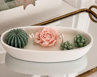 Flower Candle / Handmade Soy Candle in Oval Ceramic Bowl / Peony & Succulent Candle / Floral Centerpiece / Home Decor Gift, (8.5" x 3.5")