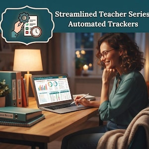 May include: A laptop displaying a dashboard with charts and data tables, titled Streamlined Teacher Series: Automated Trackers. The screen shows colourful bar graphs, pie charts, and status indicators. A stack of binders sits on the wooden desk.