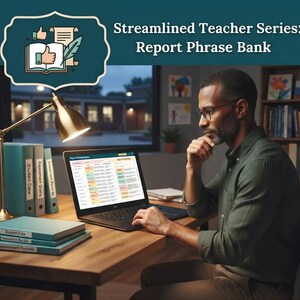 May include: A laptop displaying a report phrase bank sits on a wooden desk next to a stack of binders labeled Student Data and Assessment Records. A gold desk lamp illuminates the workspace, while a graphic icon shows a book with a quill pen.