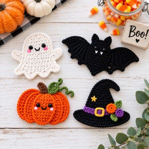 Patrones de apliques de ganchillo, fantasma, murciélago, calabaza y bruja de Halloween, 4 diseños de Halloween, descarga instantánea