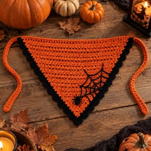 May include: A triangular crochet bandana in bright orange with a black scalloped border. The fabric features a black spider and web design stitched onto the lower right corner. Two long orange crochet ties extend from the top corners of the piece.