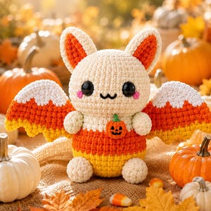May include: A crocheted bat plush toy featuring a cream-colored head and ears with orange inner details. The body and wings are patterned in horizontal stripes of white, orange, and yellow, resembling candy corn. It has black eyes and a small pumpkin.