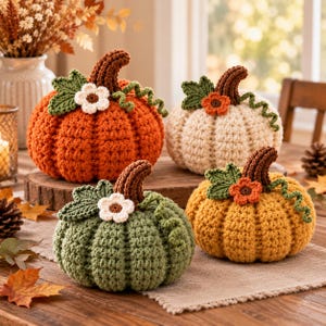 May include: Four crocheted pumpkins in orange, cream, sage green, and mustard yellow. Each pumpkin features a brown stem, a green leaf, a small crocheted flower, and a curly vine. The pumpkins are arranged on a wooden surface with autumn decor.