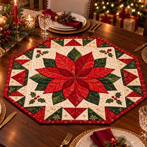 May include: An octagonal quilted table mat featuring a central red and green poinsettia flower design. The fabric is decorated with cream, red, and green geometric patterns, including holly leaves, berries, and gold snowflake accents.