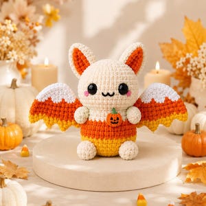 May include: A crocheted bat plush toy featuring a cream-colored head, large black eyes, and pink cheeks. The body and wings are patterned in horizontal stripes of white, orange, and yellow, resembling candy corn. It holds a small orange pumpkin.