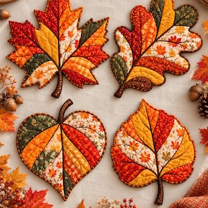 May include: Four quilted fabric coasters shaped like autumn leaves in shades of red, orange, yellow, and dark green. Each coaster features intricate stitching and a patchwork design with various patterns including small leaves, dots, and checks.