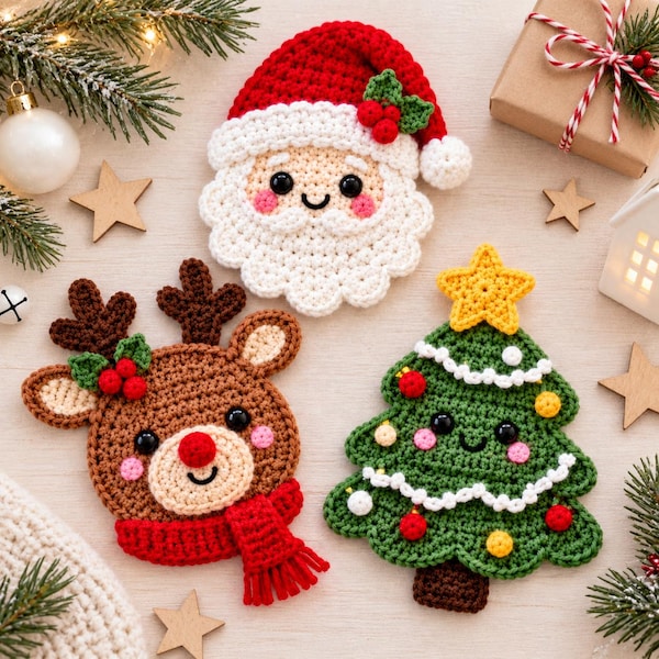 Crochet Applique Pattern, Christmas Santa Reindeer Tree Amigurumi PDF, 3 Christmas Designs (Instant Download)
