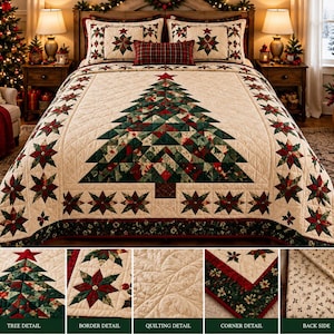 May include: A cream-coloured quilt set featuring a large central Christmas tree made of green and red patchwork triangles, surrounded by a border of poinsettia star patterns. Includes matching pillow shams and a red plaid accent pillow.