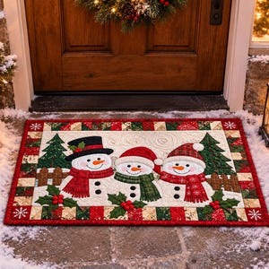 May include: A rectangular quilted floor mat featuring three snowmen with orange carrot noses, black button eyes, and colorful scarves. The mat has a red and green patchwork border with snowflake accents, green pine trees, and holly leaf details.
