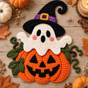 May include: A crochet wall hanging featuring an orange jack-o'-lantern with a black face, topped by a white ghost wearing a black witch hat with a purple band and yellow buckle, accented with green crocheted leaves and curly vines.