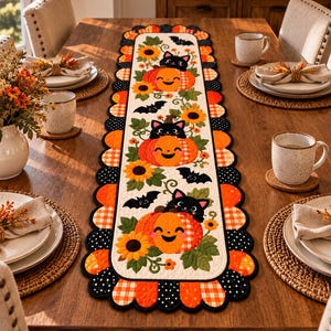 Halloween Table Runner Quilt Pattern, Pumpkin Black Cat Applique PDF, Halloween Decor, Instant Download