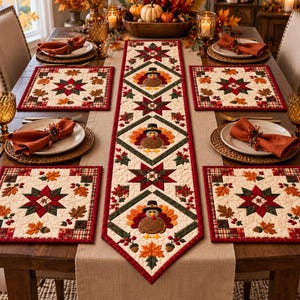May include: A quilted table runner and four matching placemats featuring a cream background with a pattern of dark green and red stars, autumn leaves, acorns, and turkeys wearing black hats. The set is arranged on a wooden dining table.