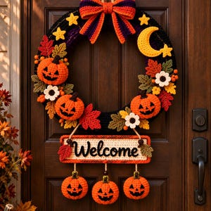 May include: A round crochet wreath featuring a large orange and purple bow, a yellow crescent moon, stars, white flowers, and orange jack-o'-lanterns. A rectangular sign hangs below with the word Welcome, accented by three small hanging pumpkins.