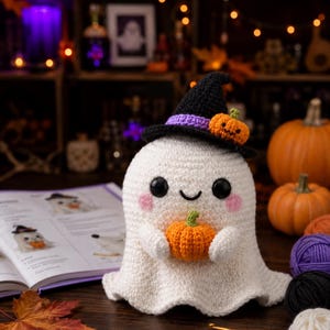 May include: A white crocheted ghost figurine featuring black safety eyes, pink cheeks, and a stitched smile. The ghost wears a black witch hat with a purple band and a small orange pumpkin, and holds a larger orange pumpkin in its hands.