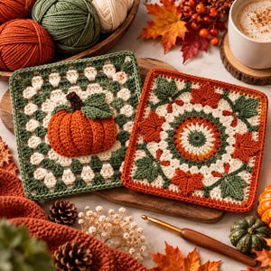 Pumpa Mormor Kvadratisk Lönnlöv Mandala Virkmönster PDF, Höstvirkat motiv (omedelbar nedladdning)
