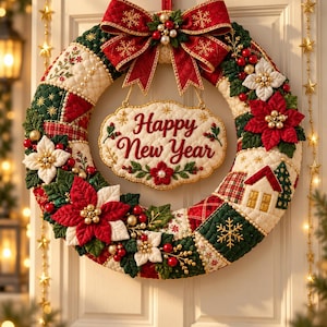 Puede incluir: Una corona de tela acolchada con un diseño de patchwork en rojo, verde y crema, decorada con flores de pascua, bayas y un gran lazo rojo. Un letrero central colgante muestra el texto Happy New Year en letras rojas bordadas con motivos florales.