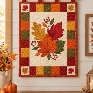 May include: A rectangular fabric wall hanging featuring a central cream-colored panel with an appliqued design of autumn leaves in shades of red, orange, and yellow, accented by small red berries and green foliage, framed by a patchwork border.