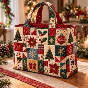 Könnte beinhalten: Eine rechteckige, gesteppte Tragetasche mit einem Patchwork-Design aus festlichen Weihnachtsmotiven wie Tannenbäumen, Zuckerstangen, Schneeflocken, Weihnachtssternen und Geschenken in den Farben Rot, Grün, Gold und Creme mit zwei Tragegriffen.
