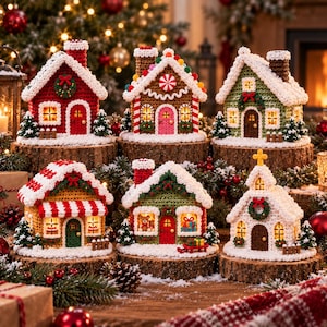 Può includere: Una collezione di sei edifici in miniatura realizzati all'uncinetto, tra cui case e una chiesa, con tetti bianchi innevati, finestre illuminate e dettagli festivi, ciascuno montato su una base circolare in legno con corteccia.